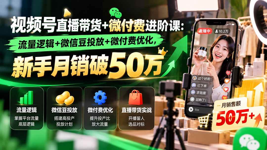 (20886期)视频号直播带货+微付费进阶课-更新1010:流量逻辑+微信豆投放+微付费优化,新手月销破50万-资源共享