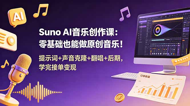 Suno AI音乐创作课:零基础也能做原创音乐!提示词+声音克隆+翻唱+后期,学完接单变现-资源共享