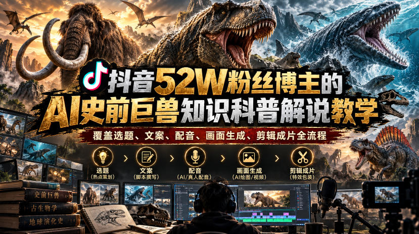 抖音52W粉丝博主的AI史前巨兽知识科普解说教学,覆盖选题、文案、配音、画面生成、剪辑成片全流程-资源共享
