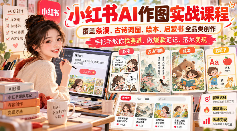 小红书AI作图实战课程，覆盖条漫、古诗词图、绘本、启蒙书全品类创作，手把手教你找赛道、做爆款笔记、落地变现（更新1017）-资源共享