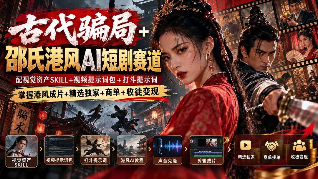 （20684期）古代骗局+邵氏港风AI短剧赛道：配视觉资产SKILL+视频提示词包+打斗提示词，掌握港风成片+精选独家+商单+收徒变现-资源共享