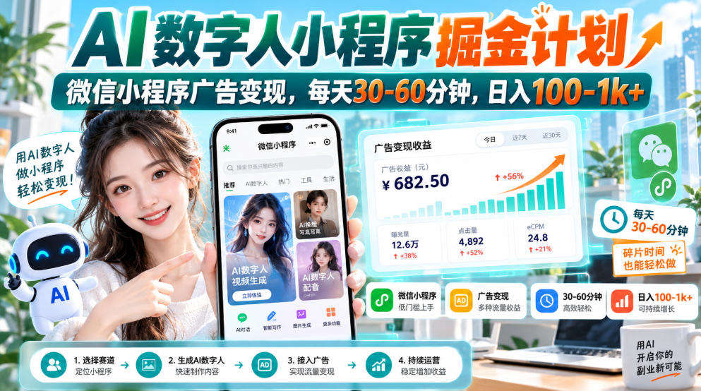 【无水印】AI数字人小程序掘金计划，微信小程序广告变现，每天30‑60分钟，日入100‑1k+-资源共享