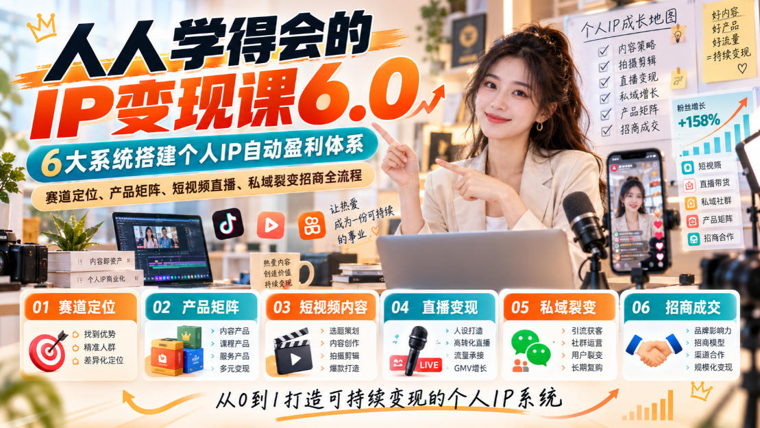 人人学得会的IP变现课6.0,6大系统搭建个人IP自动盈利体系,赛道定位、产品矩阵、短视频直播、私域裂变招商全流程-资源共享