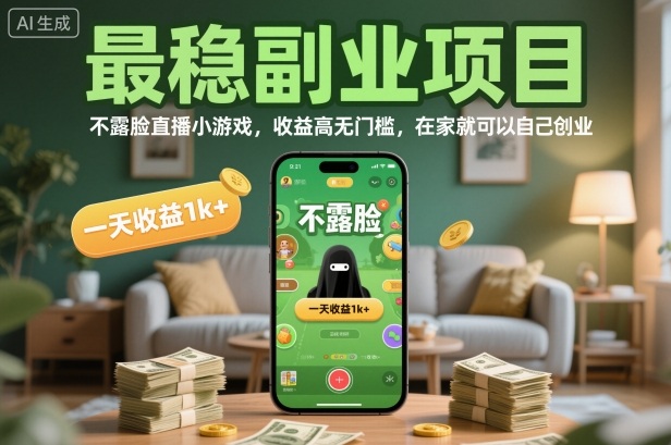 最稳副业项目，不露脸直播小游戏，收益高无门槛，一天收益1k+，在家就可以自己创业【揭秘】-资源共享