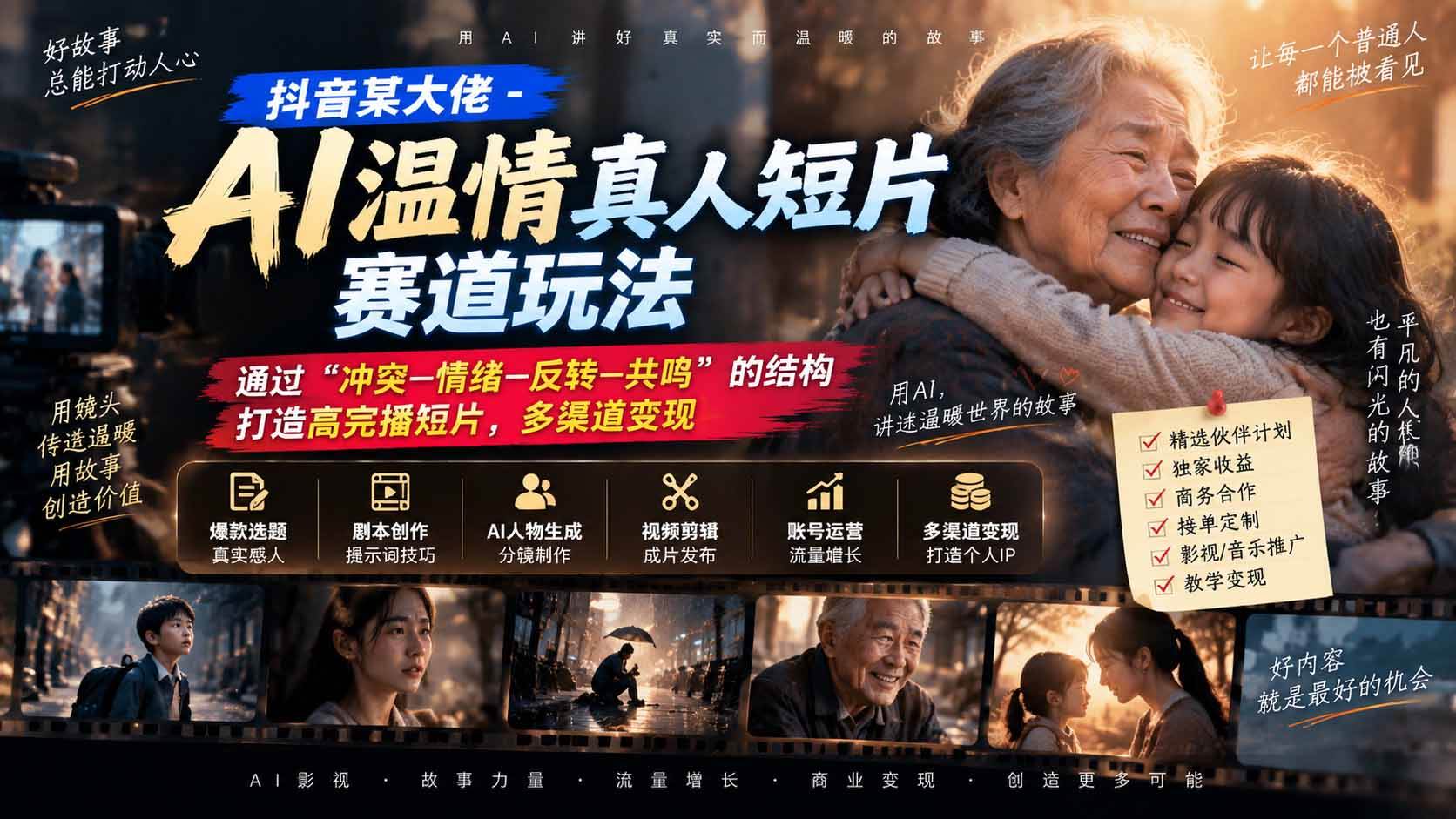 （20538期）抖音某大佬-AI温情真人短片赛道玩法：通过“冲突—情绪—反转—共鸣”的结构打造高完播短片，多渠道变现-资源共享
