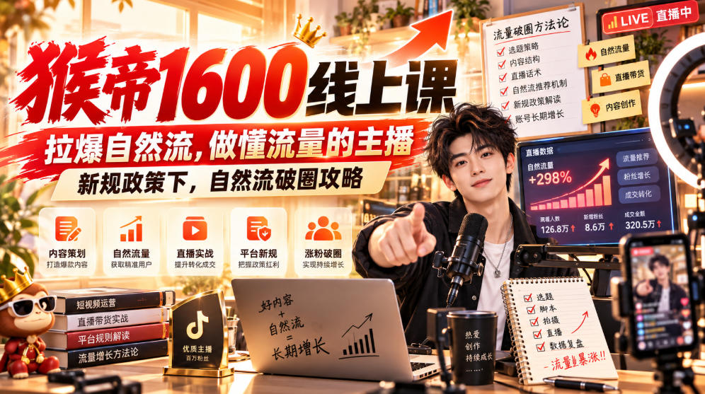 猴帝1600线上课,拉爆自然流,做懂流量的主播,新规政策下,自然流破圈攻略【更新261017】-资源共享