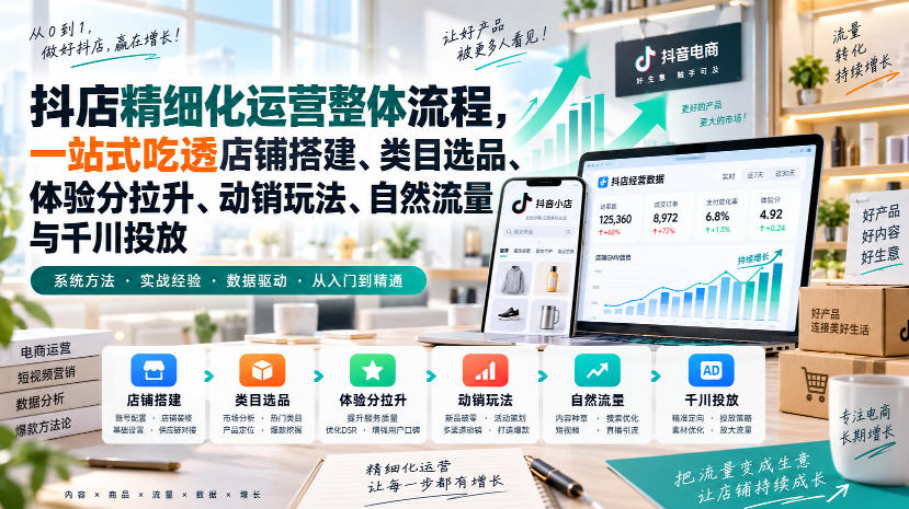 李哥电商-抖店精细化运营整体流程，一站式吃透店铺搭建、类目选品、体验分拉升、动销玩法、自然流量与千川投放-资源共享
