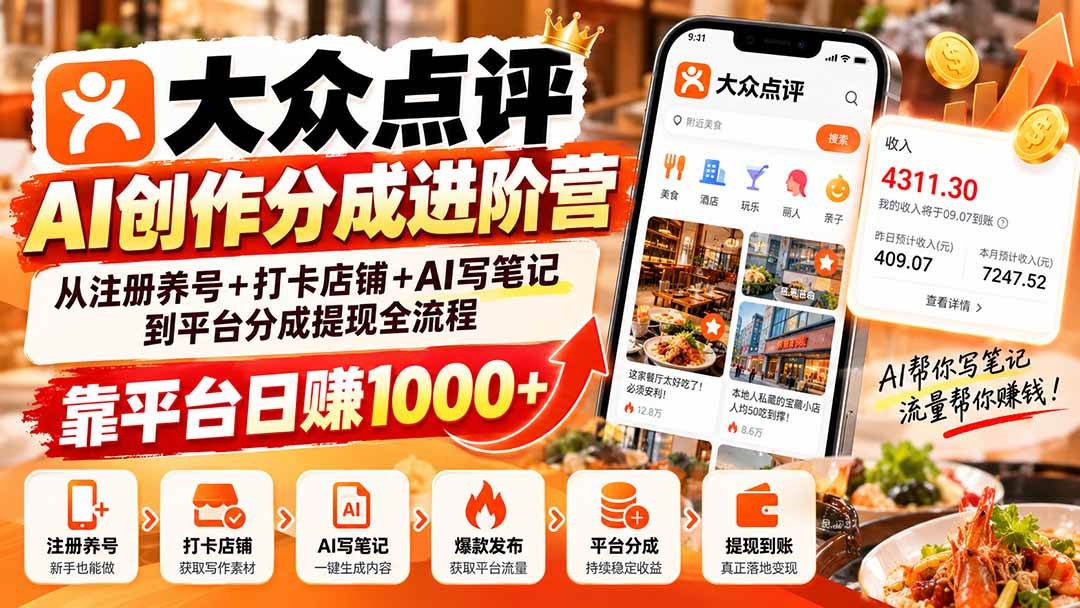 (20759期)大众点评AI创作分成进阶营:从注册养号+打卡店铺+AI写笔记到平台分成提现全流程,靠平台日赚1000+-资源共享