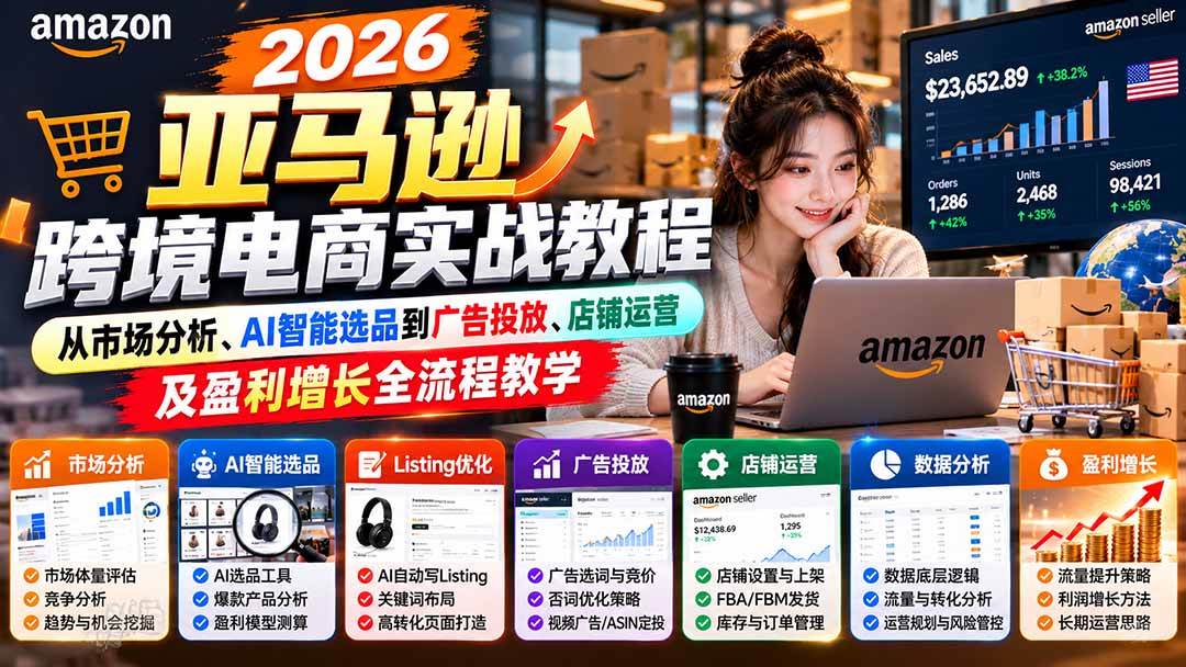 (21189期)2026亚马逊跨境电商实战教程-更新1027,从市场分析、AI智能选品到广告投放、店铺运营及盈利增长全流程教学 (21189期)2026亚马逊跨境电商实战教程-更新1027,从市场分析、AI智能选品到广告投放、店铺运营及盈利增长全流程教学