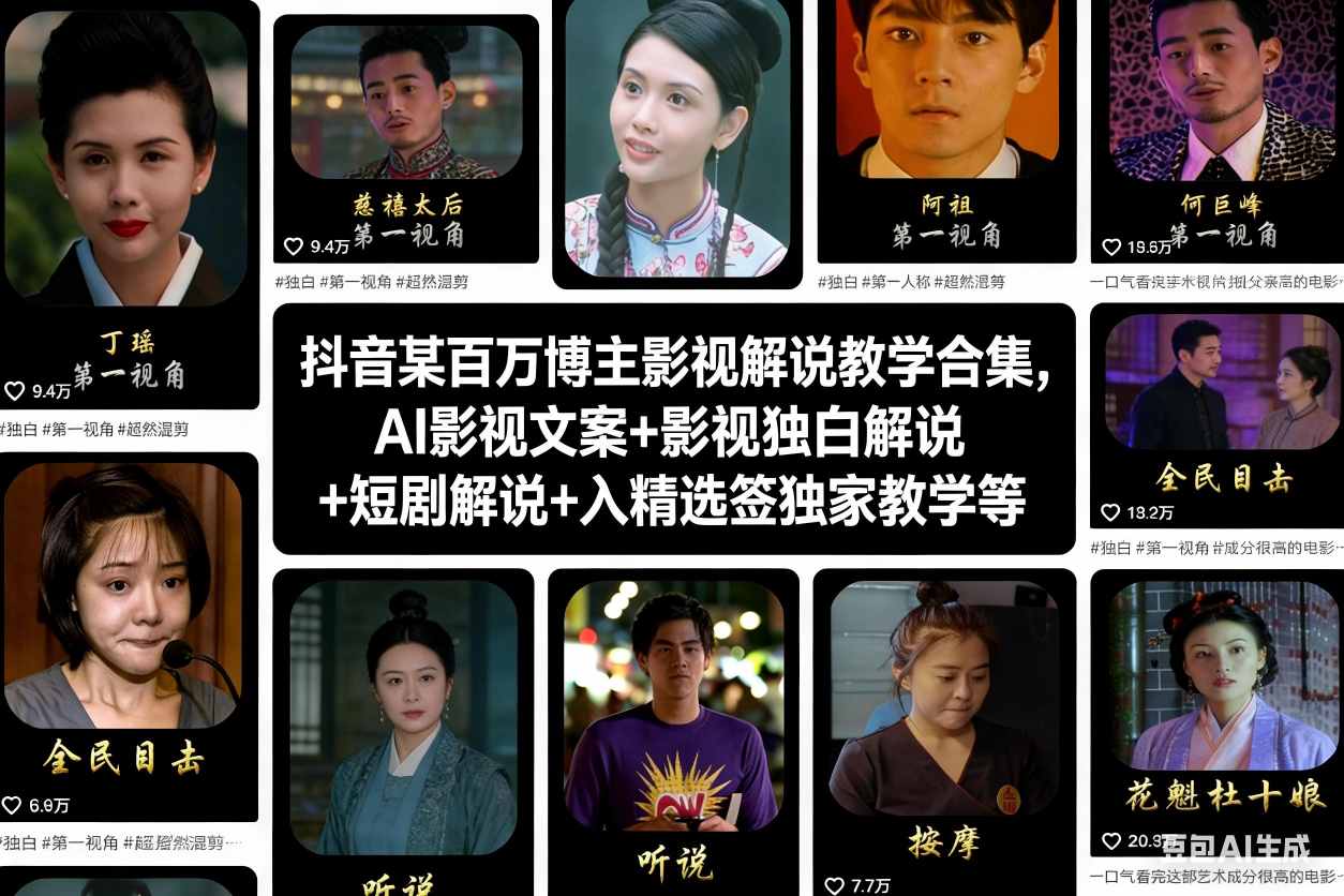 抖音某百万博主影视解说教学合集，AI影视文案+影视独白解说+短剧解说+入精选签独家教学等-资源共享