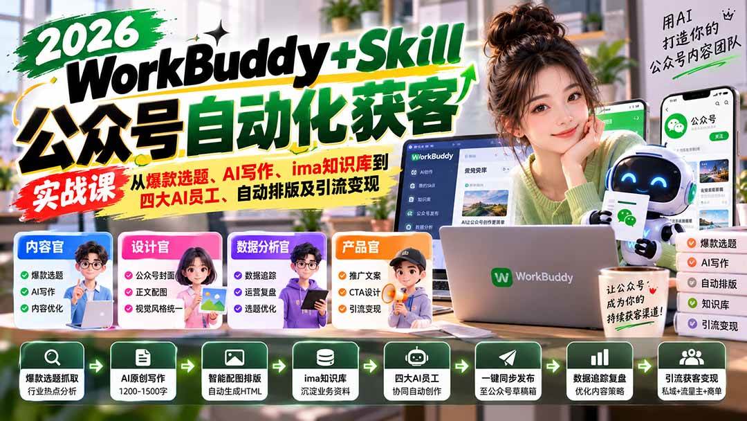 （21023期）WorkBuddy + Skill公众号自动化获客实战课：从爆款选题、AI写作、ima知识库到四大AI员工、自动排版及引流变现