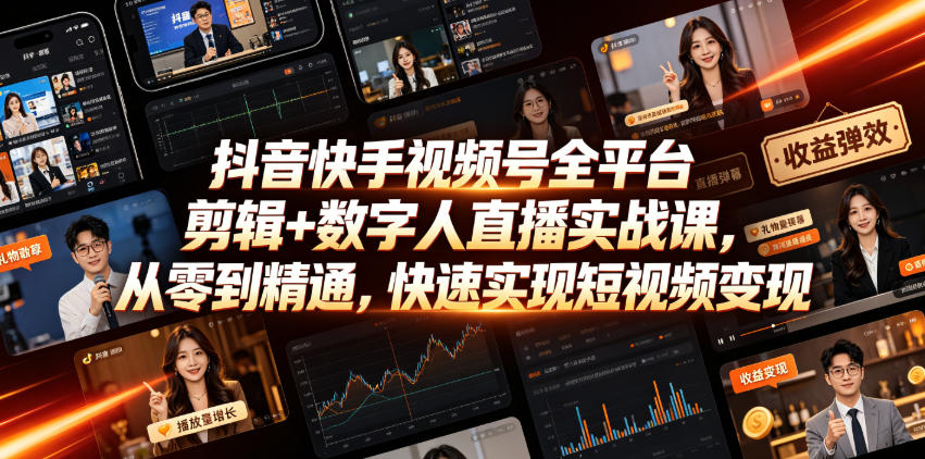 抖音快手视频号全平台剪辑+数字人直播实战课，从零到精通，快速实现短视频变现(更新2026年10月)-资源共享