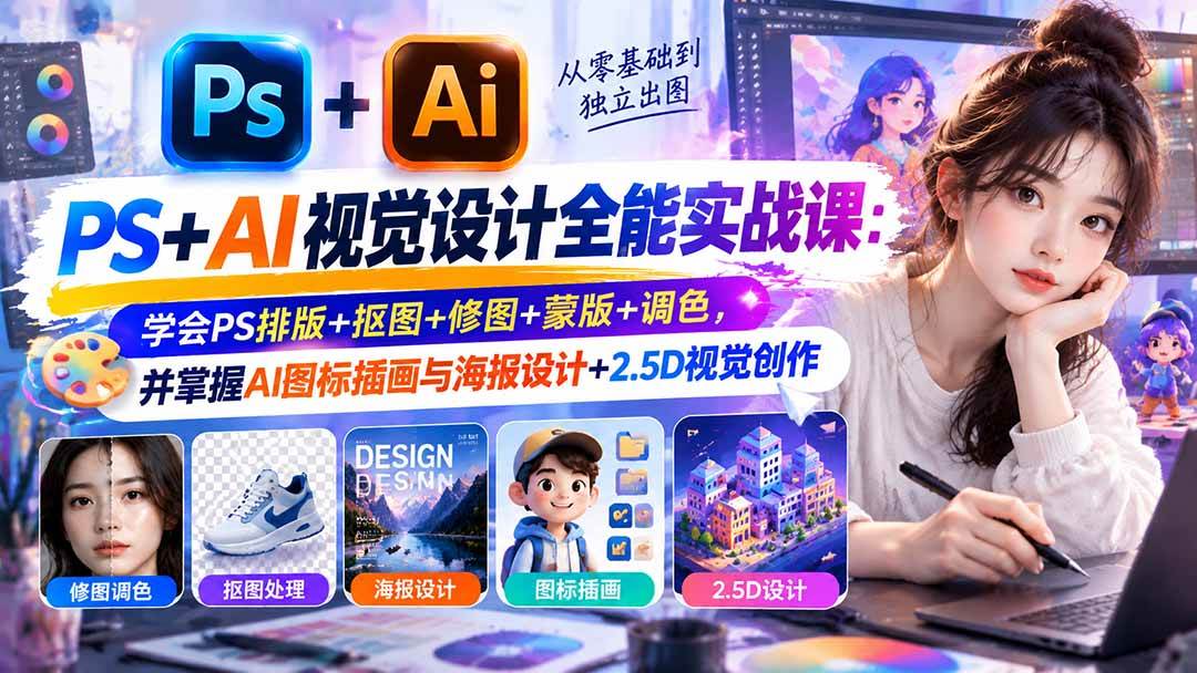 (20749期)【无水印】PS+AI视觉设计全能实战课:学会PS排版+抠图+修图+蒙版+调色,并掌握AI图标插画与海报设计+2.5D视觉创作-资源共享