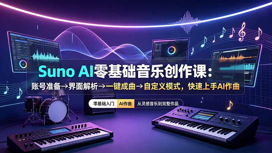 Suno AI零基础音乐创作课：账号准备→界面解析→一键成曲→自定义模式，快速上手AI作曲-资源共享