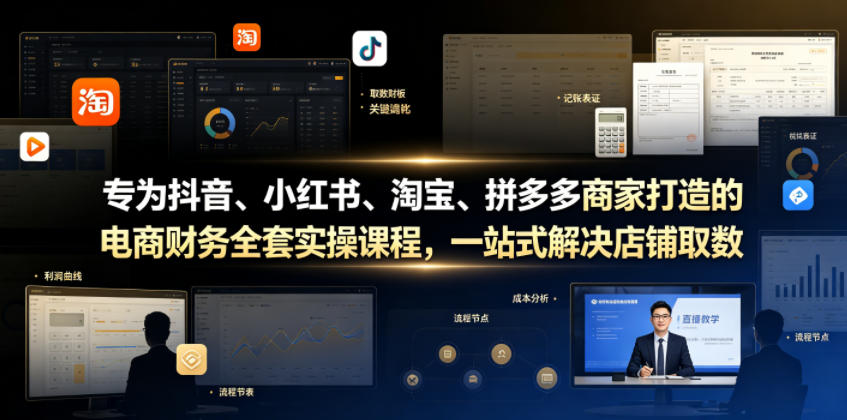 专为抖音、小红书、淘宝、拼多多商家打造的电商财务全套实操课程,一站式解决店铺取数、记账、报税全流程难题-资源共享