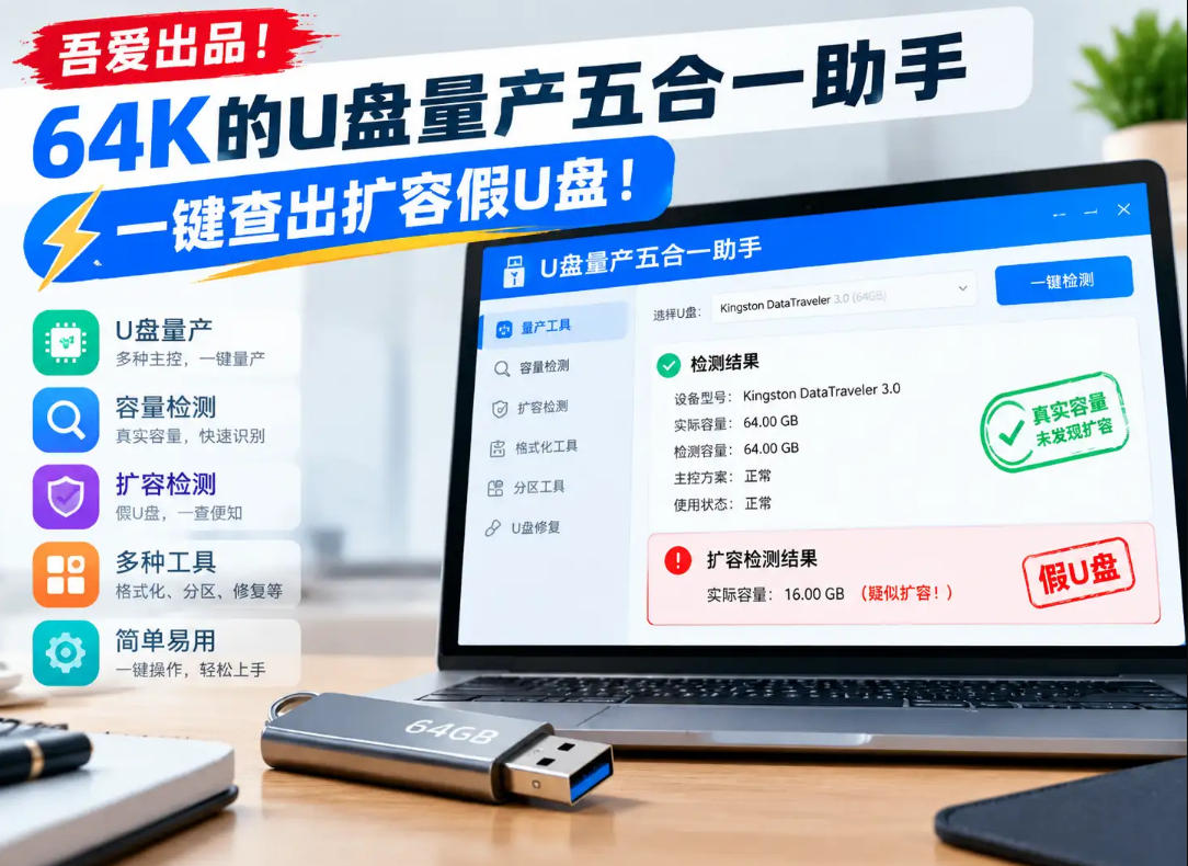 吾爱出品!64K的U盘量产五合一助手,一键查出扩容假U盘!-资源共享