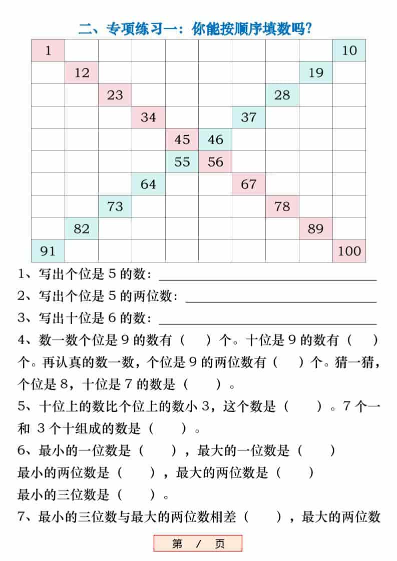 新一年级下数学《百数表》易错专项练习强化训练（含答案）-资源共享