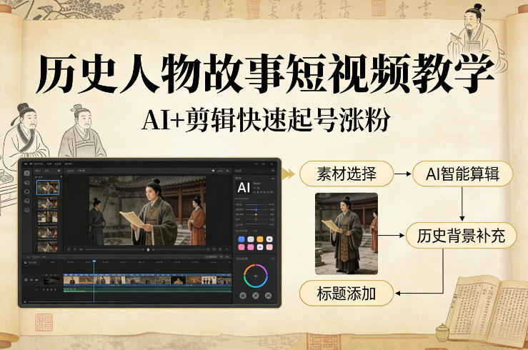 历史人物故事短视频教学，AI+剪辑制作历史人物题材短视频，快速起号涨粉-资源共享