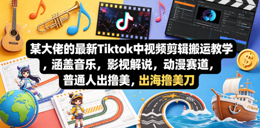 某大佬的最新Tiktok中视频剪辑搬运教学,涵盖音乐,影视解说,动漫赛道,普通人出海撸美刀-资源共享