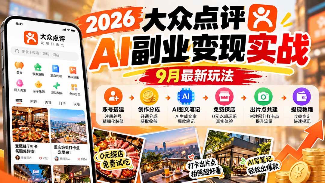 (20873期)2026大众点评AI副业变现实战9月最新玩法:账号搭建+创作分成+AI图文笔记+免费探店+出片点共建与提现教程 (20873期)2026大众点评AI副业变现实战9月最新玩法:账号搭建+创作分成+AI图文笔记+免费探店+出片点共建与提现教程