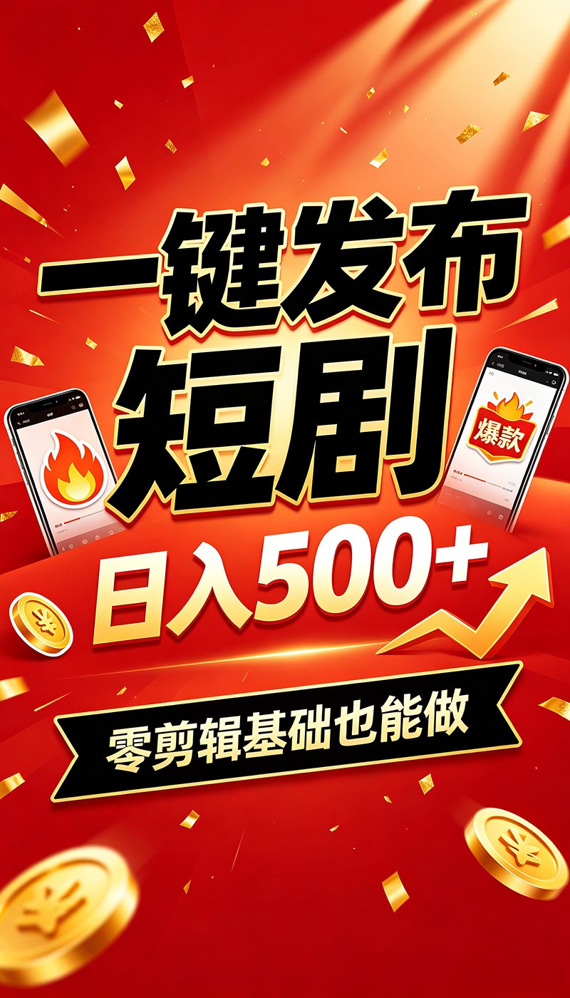 快手短剧一键发布,不用剪辑操作简单,副业日入500+。空闲时间轻松赚收益-资源共享