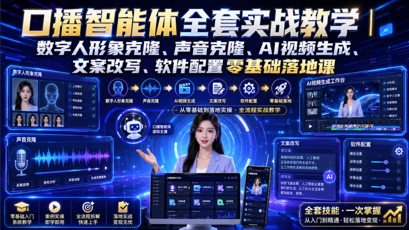 口播智能体全套实战教学|数字人形象克隆、声音克隆、AI视频生成、文案改写、软件配置零基础落地课-资源共享