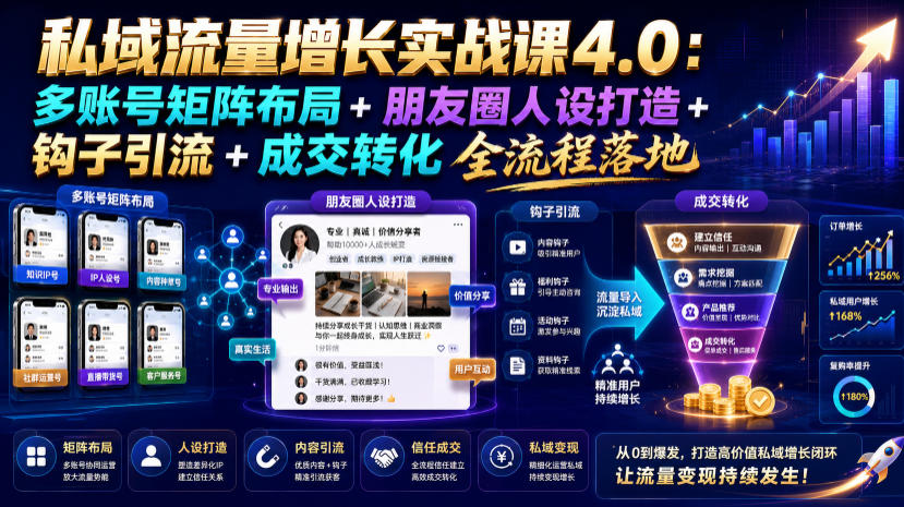 私域流量增长实战课4.0:多账号矩阵布局+朋友圈人设打造+钩子引流+成交转化全流程落地-资源共享