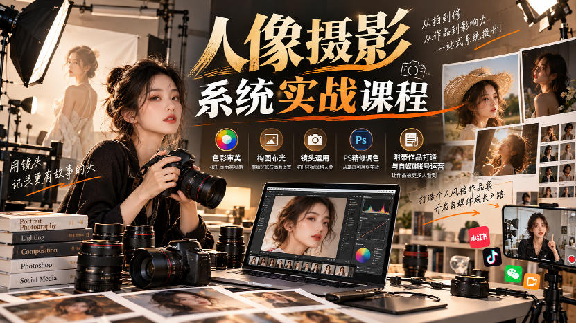 【无水印】人像摄影系统实战课程,色彩审美、构图布光、镜头运用、PS精修调色,附带作品打造与自媒体账号运营-资源共享