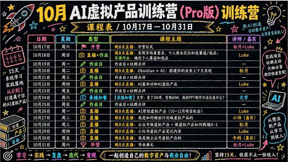 （21054期）2026AI虚拟产品10月训练营（Pro版）：15天学会选品定位、AI制作数字资料、小红书引流与公众号变现，打造一人公司