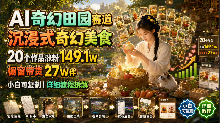 AI奇幻田园赛道,沉浸式奇幻美食,20个作品涨粉149.1W,橱窗带货27W件,小白可复制,详细教程拆解-资源共享