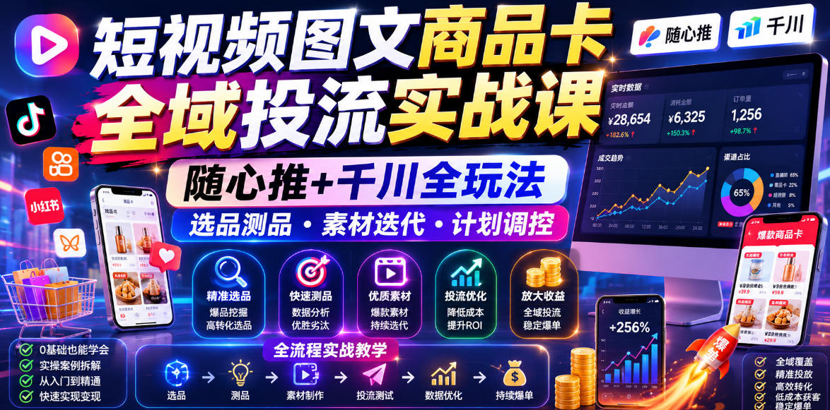 短视频图文商品卡全域投流实战课,随心推+千川全玩法,选品测品・素材迭代・计划调控,提升ROI爆单增收教程-资源共享