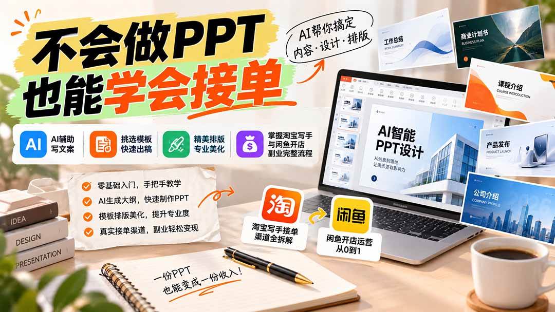 （20945期）不会做PPT也能学会接单：AI辅助写文案、挑模板、做排版，掌握淘宝写手与闲鱼开店副业完整流程