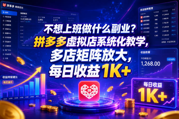不想上班做什么副业?拼多多虚拟店系统化教学,多店矩阵放大,每日收益1K+【揭秘】-资源共享