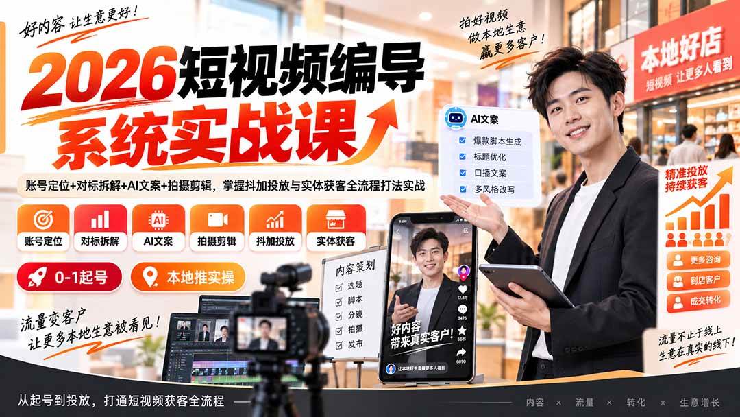 （20305期）2026短视频编导系统实战课：账号定位+对标拆解+AI文案+拍摄剪辑，掌握抖加投放与实体获客全流程打法实战-资源共享