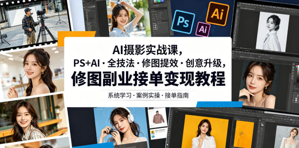 AI摄影实战课,PS+AI・全技法・修图提效・创意升级,修图副业接单变现教程-资源共享