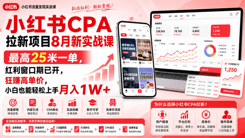 小红书CPA拉新项目8月新实战课,最高25米一单,红利窗口期已开,狂賺高单价,小白也能轻松上手月入1W+(更新0908)