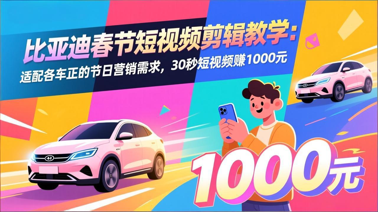 比亚迪春节短视频剪辑教学：适配各车企的节日营销需求，30秒短视频赚1000元-资源共享