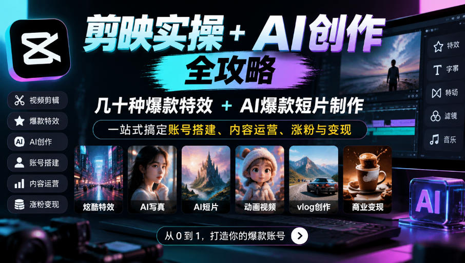 剪映实操+AI创作全攻略|几十种爆款特效+AI爆款短片制作,一站式搞定账号搭建、内容运营、涨粉与变现 剪映实操+AI创作全攻略|几十种爆款特效+AI爆款短片制作,一站式搞定账号搭建、内容运营、涨粉与变现