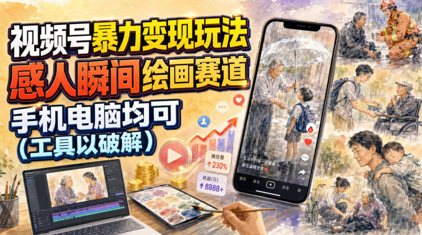 视频号暴力变现玩法,感人瞬间绘画赛道,手机电脑均可-资源共享