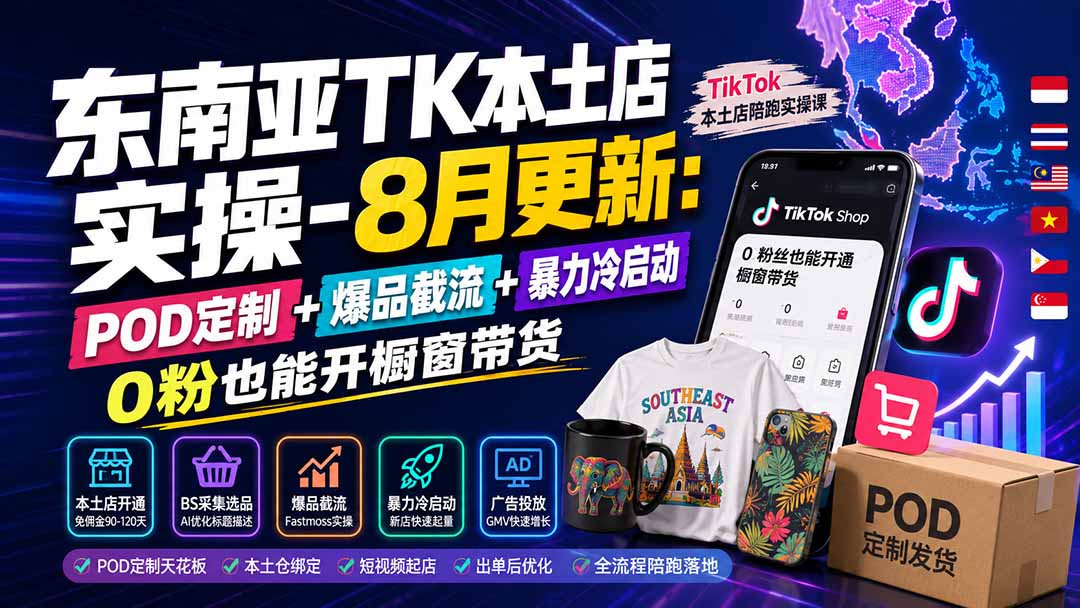 东南亚TK本土店实操-8月更新：POD定制+爆品截流+暴力冷启动，0粉也能开橱窗带货-资源共享