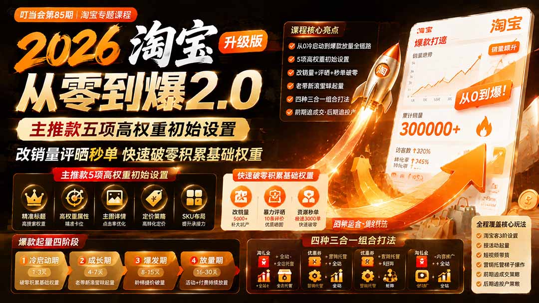 2026淘宝从零到爆2.0第85期;主推款五项高权重初始设置,改销量评晒秒单快速破零积累基础权重-资源共享