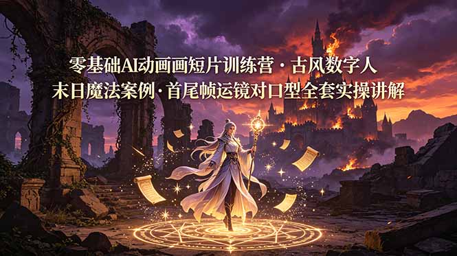 零基础AI动画短片训练营，古风数字人末日魔法案例，首尾帧运镜对口型全套实操讲解-资源共享