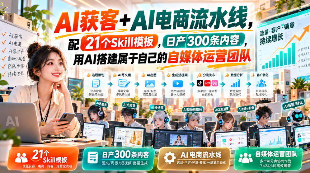 AI获客+AI电商流水线,配21个Skill模板,日产300条内容,用AI搭建属于自己的自媒体运营团队(更新0928)