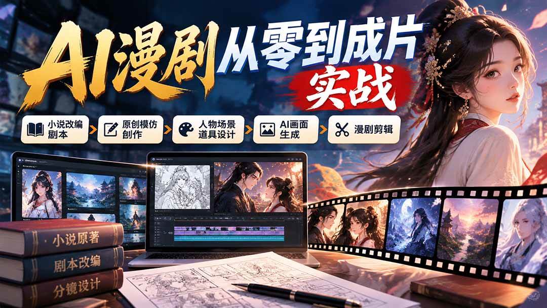 (21069期)AI漫剧从零到成片实战:小说改编剧本、原创模仿创作、人物场景道具设计、AI画面生成与漫剧剪辑-资源共享