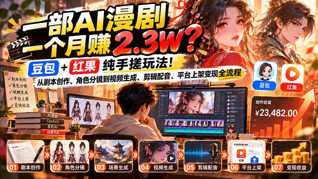 (21089期)一部AI漫剧一个月赚2.3W?豆包+红果纯手搓玩法!从剧本创作、角色分镜到视频生成、剪辑配音、平台上架变现全流程-资源共享
