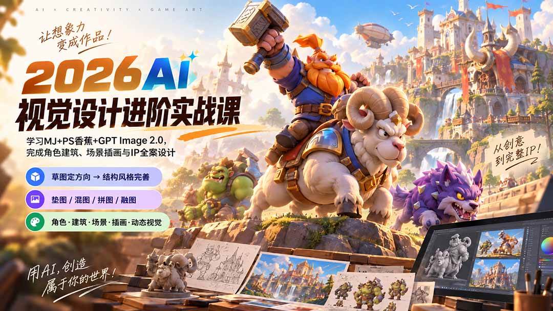 (20852期)2026AI视觉设计进阶实战课-更新1007:学习MJ+PS香蕉+GPT Image 2.0,完成角色建筑、场景插画与IP全案设计-资源共享