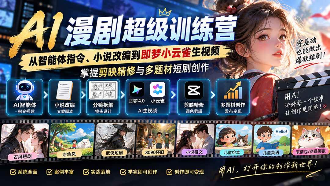 （20491期）AI漫剧超级特训营：从智能体指令、小说改编到即梦小云雀生视频，掌握剪映精修与多题材短剧创作-资源共享