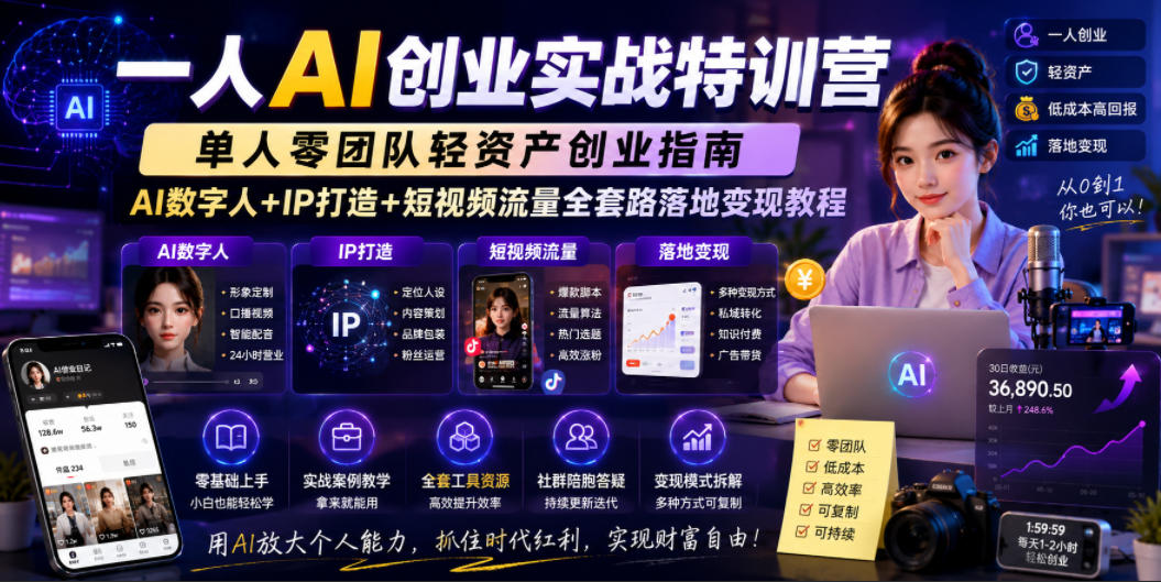 一人AI创业实战特训营,单人零团队轻资产创业指南,AI数字人+IP打造+短视频流量全套路落地变现教程-资源共享