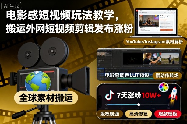 电影感短视频玩法教学，搬运外网短视频剪辑发布涨粉-资源共享