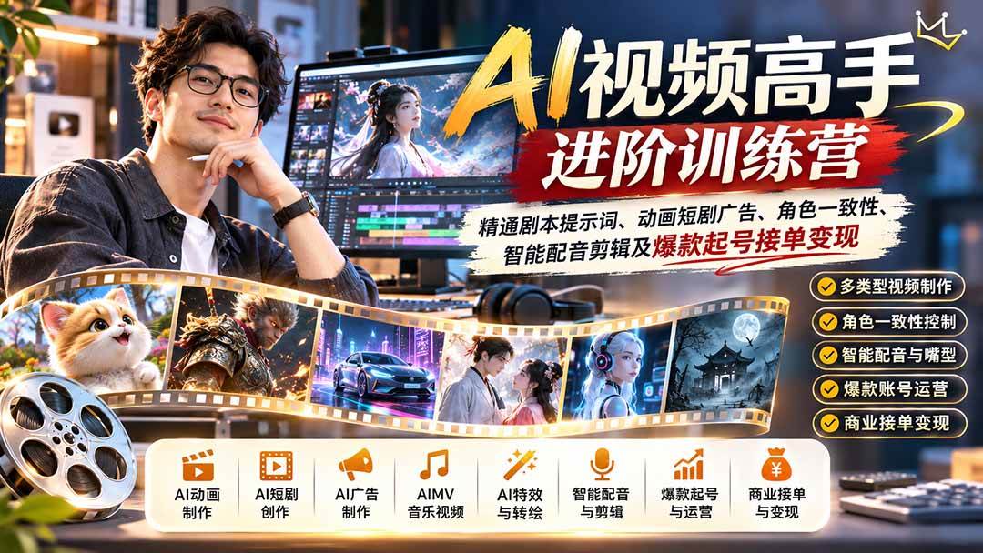 (21174期)AI视频高手进阶训练营:精通剧本提示词、动画短剧广告、角色一致性、智能配音剪辑及爆款起号接单变现-资源共享